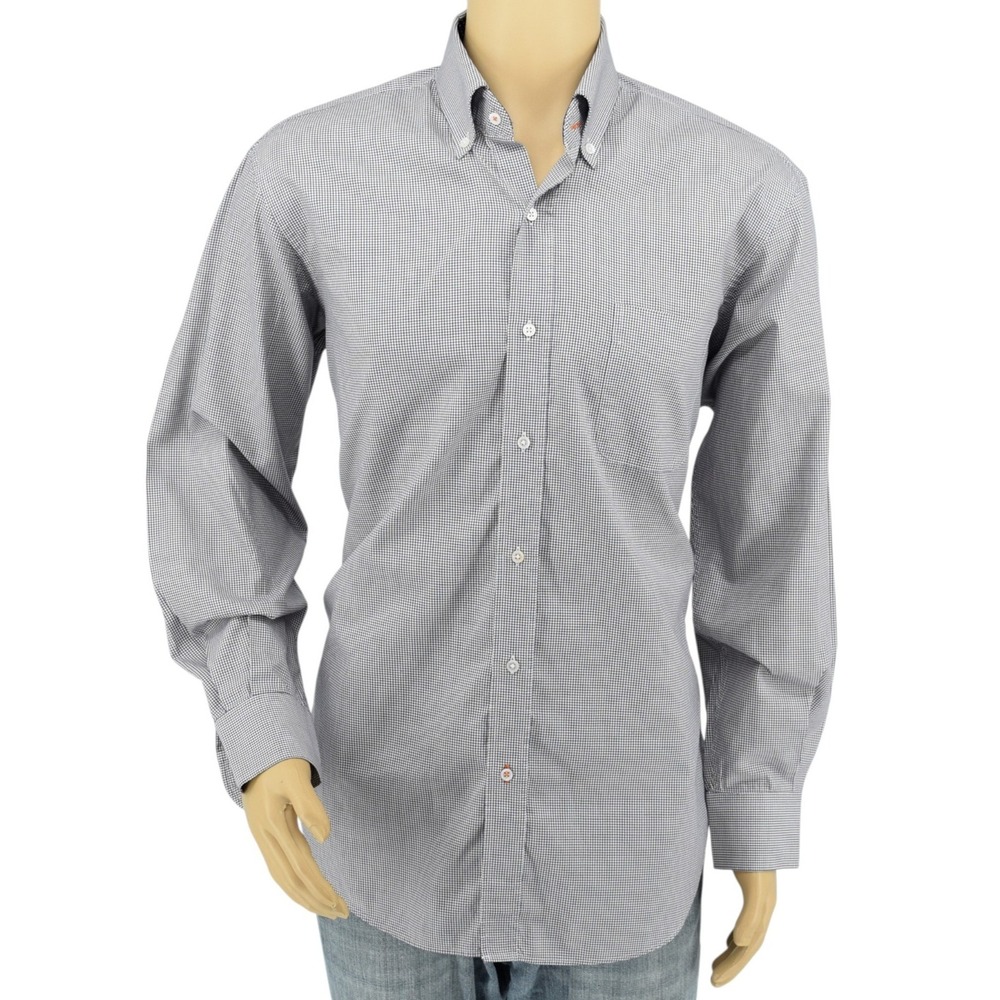J. McLaughlin Men's L Egyptian Cotton Button Down Shirt Blue Brown Micro Check - Picture 2 of 13
